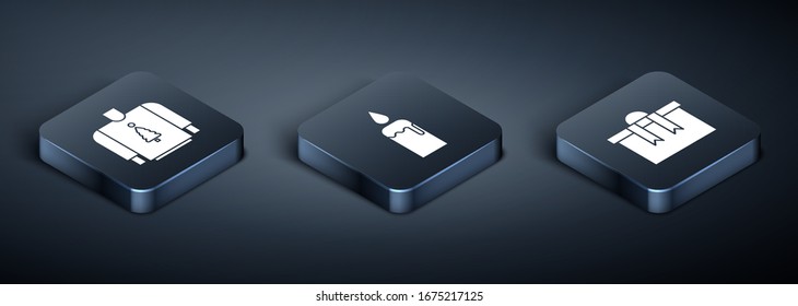 Set Isometric Christmas sweater, Gift box and Burning candle in candlestick icon. Vector