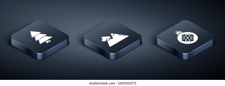 Set Isometric Christmas tree, Christmas ball and Mountains icon. Vector