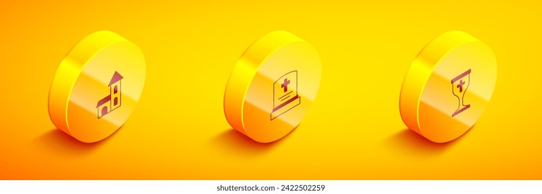 Set Isometric Church building, Grave with tombstone and Christian chalice icon. Vector