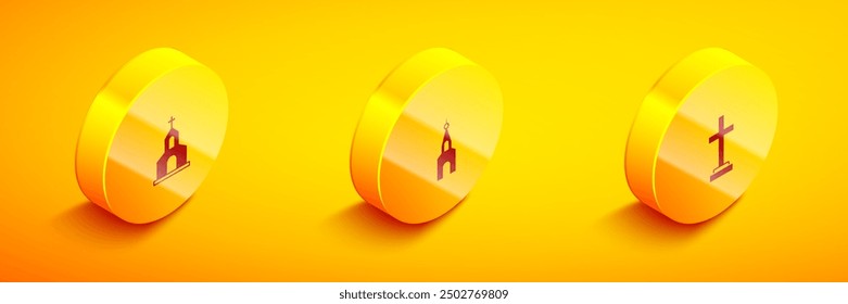Set Isometric Church building,  and Grave with cross icon. Vector