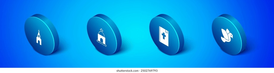 Set Isometric Church building, Holy bible book, Dove and Old crypt icon. Vector
