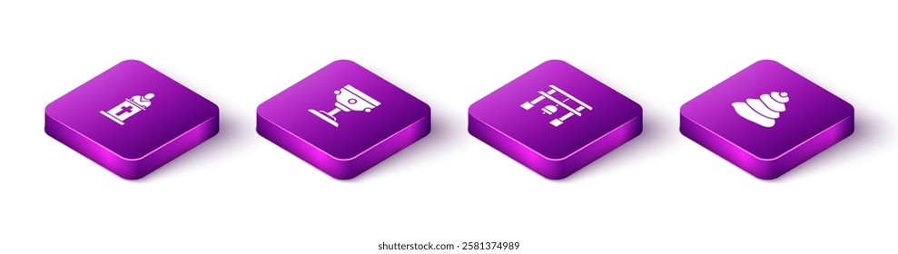 Set Isometric Church pastor preaching, Christian chalice, Japan Gate and Stack hot stones icon. Vector