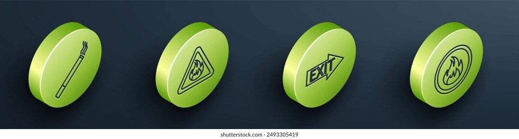 Set Isometric Cigarette, Fire flame in triangle, Fire exit and Fire flame icon. Vector