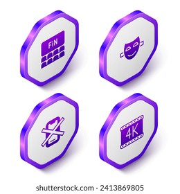 Set Isometric Cinema auditorium with screen, Comedy theatrical mask, No cell phone and 4k movie icon. Purple hexagon button. Vector