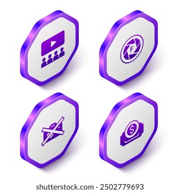 Set Isometric Cinema auditorium with screen, Camera shutter, Prohibition no video recording and ticket icon. Purple hexagon button. Vector