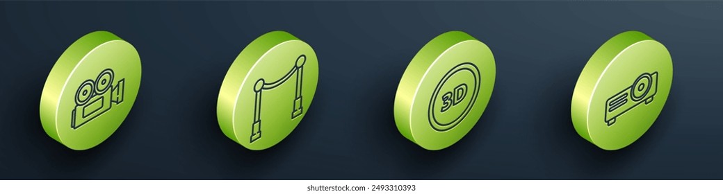 Set Isometric Cinema camera, Carpet with barriers, 3D word and Movie, film, media projector icon. Vector