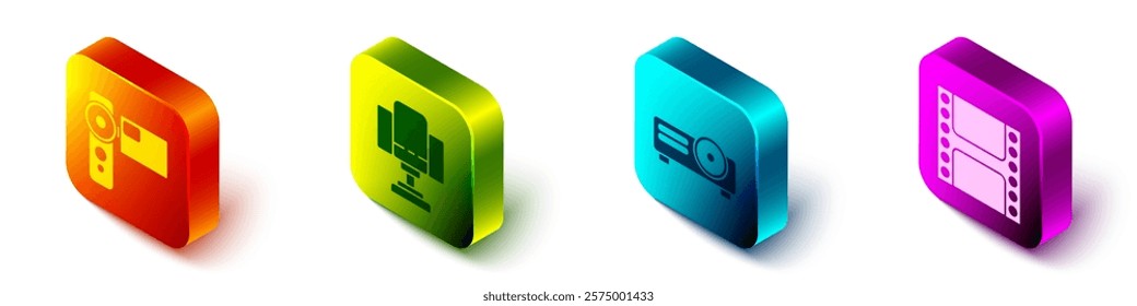 Set Isometric Cinema camera, Director movie chair, Movie, film, media projector and Play Video icon. Vector