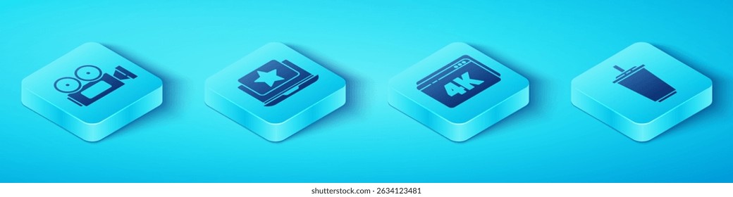 Set Isometric Cinema camera, Laptop with star, Paper glass with water and Online play video with 4k icon. Vector