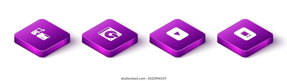 Set Isometric Cinema camera, Vinyl player with vinyl disk, Play button and video icon. Vector