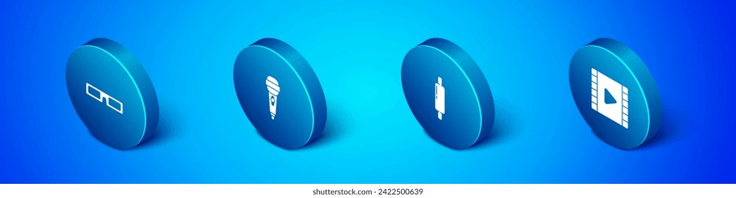 Set Isometric Cinema glasses, Rolling pin, Play Video and Microphone icon. Vector