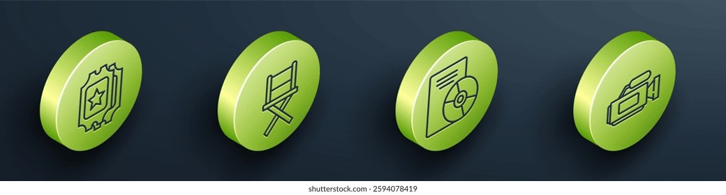 Set Isometric Cinema ticket, Director movie chair, CD or DVD disk and Cinema camera icon. Vector