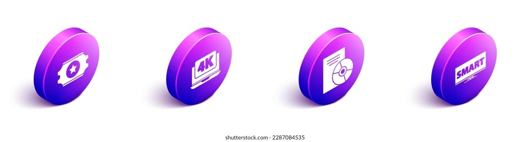 Establezca el vale de cine isométrico, portátil con vídeo de 4k, disco de CD o DVD y TV de pantalla con icono de vídeo inteligente. Vector