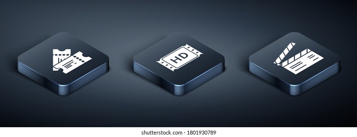 Set Isometric Cinema ticket , Movie clapper  and 4k movie, tape, frame  icon. Vector