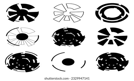 Set of isometric circular cliparts or digital eyes silhouettes isolated on white background. Vector.