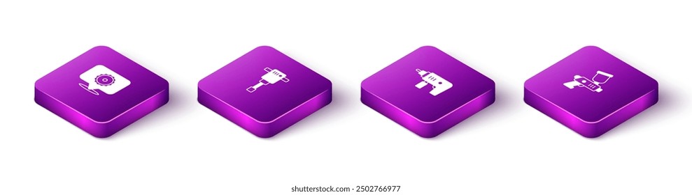 Conjunto de hoja de sierra circular isométrica, martillo neumático de construcción, máquina de taladro eléctrico e icono de pistola de pulverización de pintura. Vector