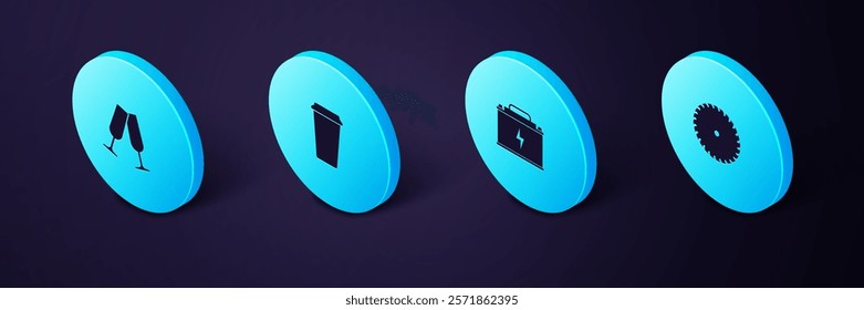 Set Isometric Circular saw blade, Car battery, Coffee cup and Glasses champagne icon. Vector