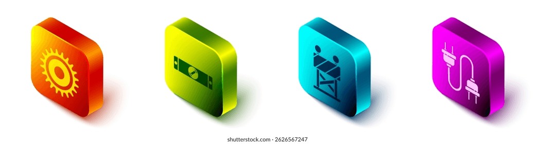 Set Isometric Circular saw blade, Construction bubble level, Road barrier and Electric plug icon. Vector