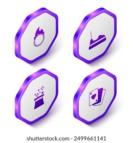 Set Isometric Circus fire hoop, Bumper car, Magician hat and Playing cards icon. Purple hexagon button. Vector