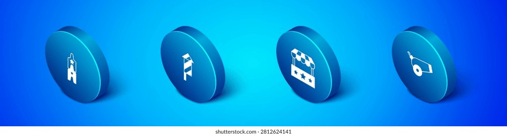 Set Isometric Circus ticket, Ticket box office, Cannon and Firework rocket icon. Vector