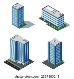 Set of isometric city building. Isometric modern building. Skyscraper building or business office. Vector illustration