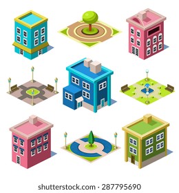 Set of the isometric city buildings and shops, Elements for map