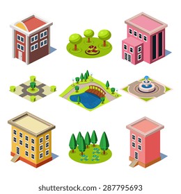 Set of the isometric city buildings and shops, Elements for map