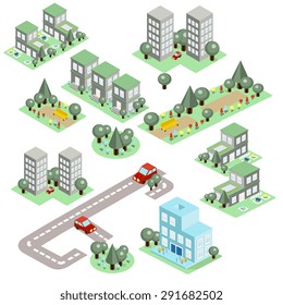 Set of the isometric city buildings, shops and other elements