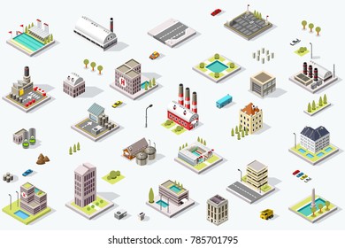 Set of isometric city buildings. Town district landscape with urban infrastructure streets and houses. 3D map vector illustration.