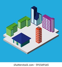 Set of Isometric City Buildings. Vector Illustration