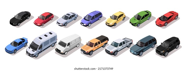 Conjunto de coches urbanos isométricos con bus de colección, sedan, universal, hatchback, camioneta, camión, coupe, coche deportivo, suv, minivan aislado en fondo blanco. Sala de exposición de vehículos coloridos. Ilustración del vector