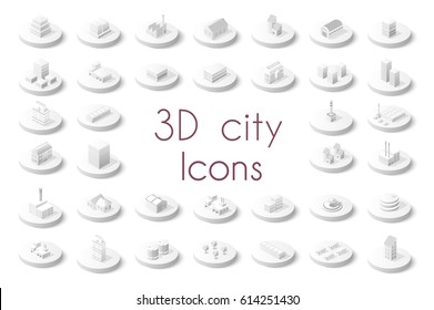 Set of isometric city icons. Dimensional signs and symbols on urban theme with buildings, houses and structure for real estate agencies and sites