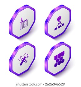 Set Isometric City landscape, Crane hook, Hammer wrench spanner and Roof tile icon. Purple hexagon button. Vector