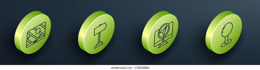 Establezca la navegación de mapas de ciudades isométricas, la señal de tráfico por carretera, el monitor con el marcador de ubicación y el icono del pasador de inserción. Vector