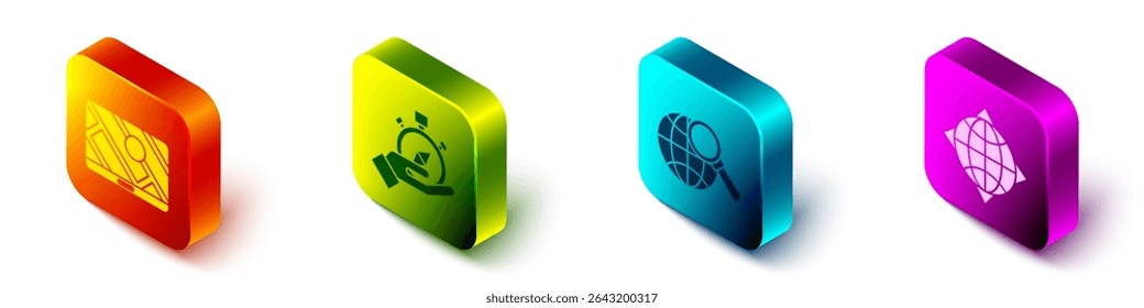Set Isometric City map navigation, Compass, Magnifying glass with globe and World globe with compass icon. Vector