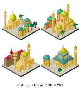 Set of isometric cityscapes with oriental multicultural buildings.