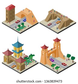 Set of isometric cityscapes with roadway and pedestrian bridge.