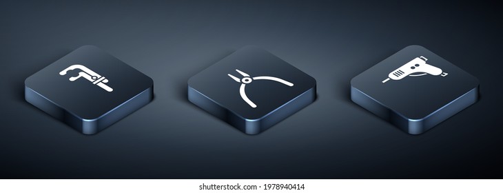 Set Isometric Clamp tool, Electric hot glue gun and Pliers tool icon. Vector
