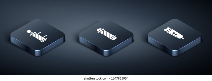 Set Isometric Classic Barber shop pole, Electrical hair clipper or shaver and Classic Barber shop pole icon. Vector