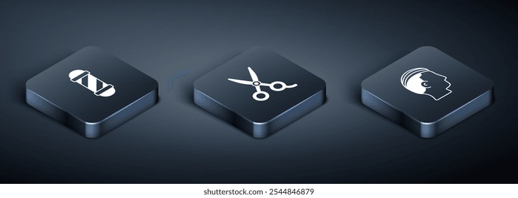 Set Isometric Classic Barber shop pole, Hairstyle for men and Scissors hairdresser icon. Vector