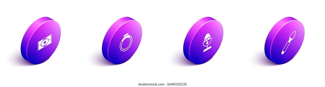 Set Isometric Classic carpet, Gold ring, Chicken egg on stand and Silver spoon icon. Vector