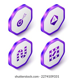Set Isometric Classic dart board and arrow, Game dice, Board game and  icon. Purple hexagon button. Vector
