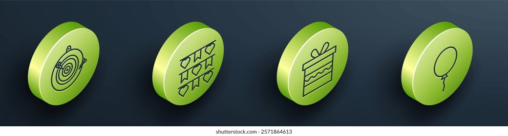 Set Isometric Classic dart board and arrow, Carnival garland with flags, Gift box and Balloon with ribbon icon. Vector