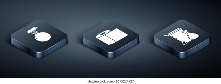 Set Isometric Cleaning spray bottle with detergent liquid , Trash can  and Toilet paper roll  icon. Vector