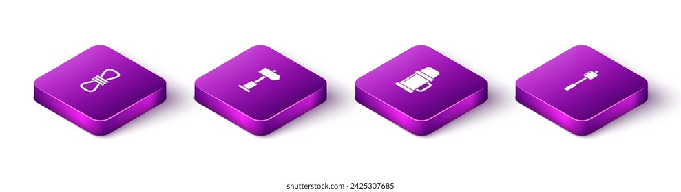 Set Isometric Climber rope, Road traffic signpost, Thermos container and Marshmallow stick icon. Vector
