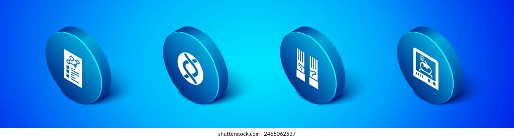 Set Isometric Clinical record, Medical rubber gloves, 3D printing technology and DNA symbol icon. Vector