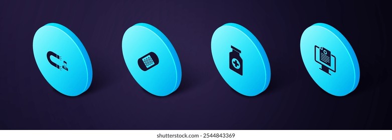 Set Isometric Clinical record on monitor, Medicine bottle, Bandage plaster and Customer attracting icon. Vector