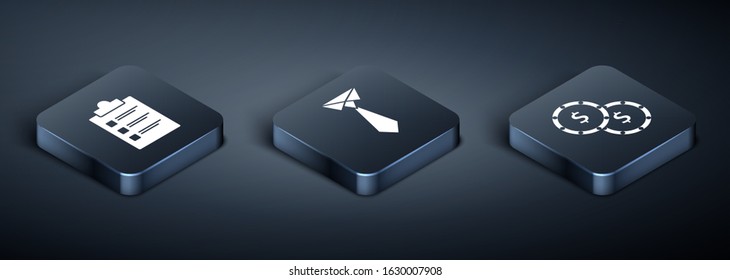 Set Isometric Clipboard with checklist, Coin money with dollar symbol and Tie icon. Vector