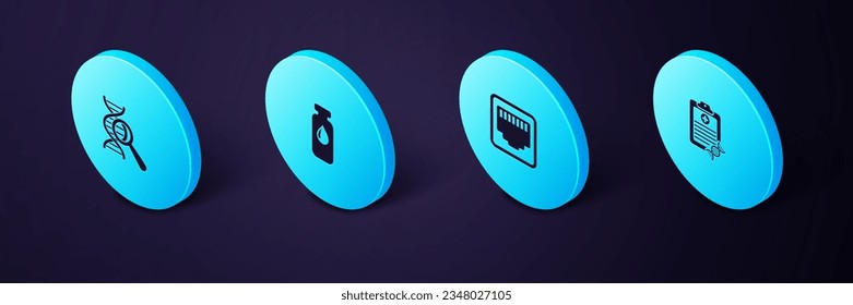 Set Isometric Clipboard with DNA analysis, Network port cable socket, Medical vial, ampoule and research, search icon. Vector