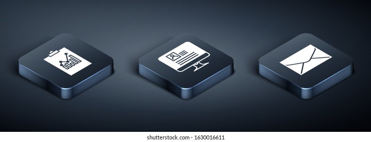 Set Isometric Clipboard with graph chart, Envelope and Computer monitor with resume icon. Vector