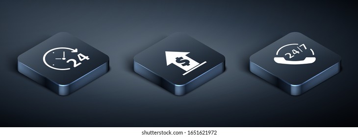 Set Isometric Clock 24 hours, Telephone 24 hours support and Financial growth and coin icon. Vector